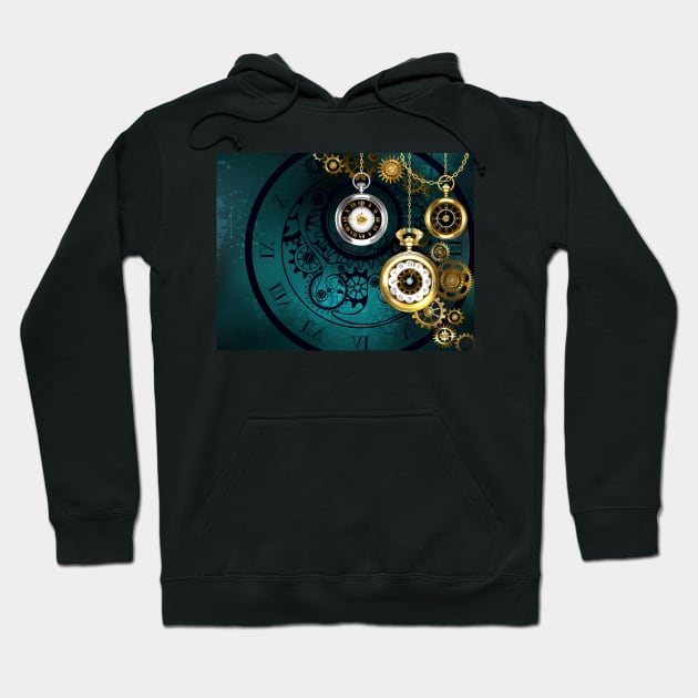 Clock with Gears on Green Background ( Steampunk ) Hoodie by Blackmoon9